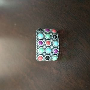 Vintage Sterling Silver Ring with Turquoise, Onyx and Other Stones